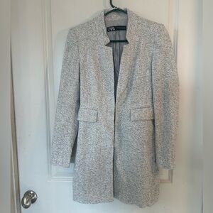 Zara Herringbone Grey Long Line Blazer Coat, Size XS